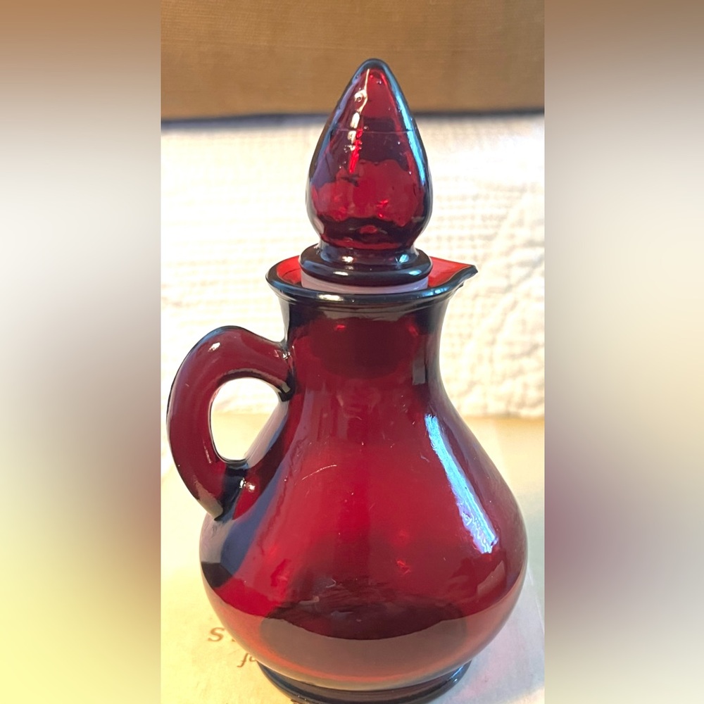 Vintage 1970s Avon Ruby Red Glass Cruet Pitcher with Strawberry Stopper EUC